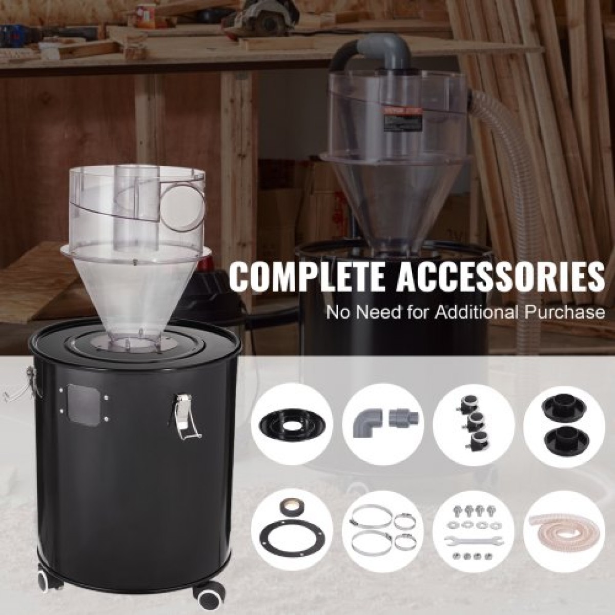 VEVOR Cyclone Dust Separator with Metal Tank, 4" Retrofit Cyclone Separator for Dust Collectors, ABS Dust Support With 2" Hole O.D.Σύνδεσμος & σωλήνας για υγρές/στεγνές ηλεκτρικές σκούπες καταστήματος, Ταιριάζει σε δοχείο 50L