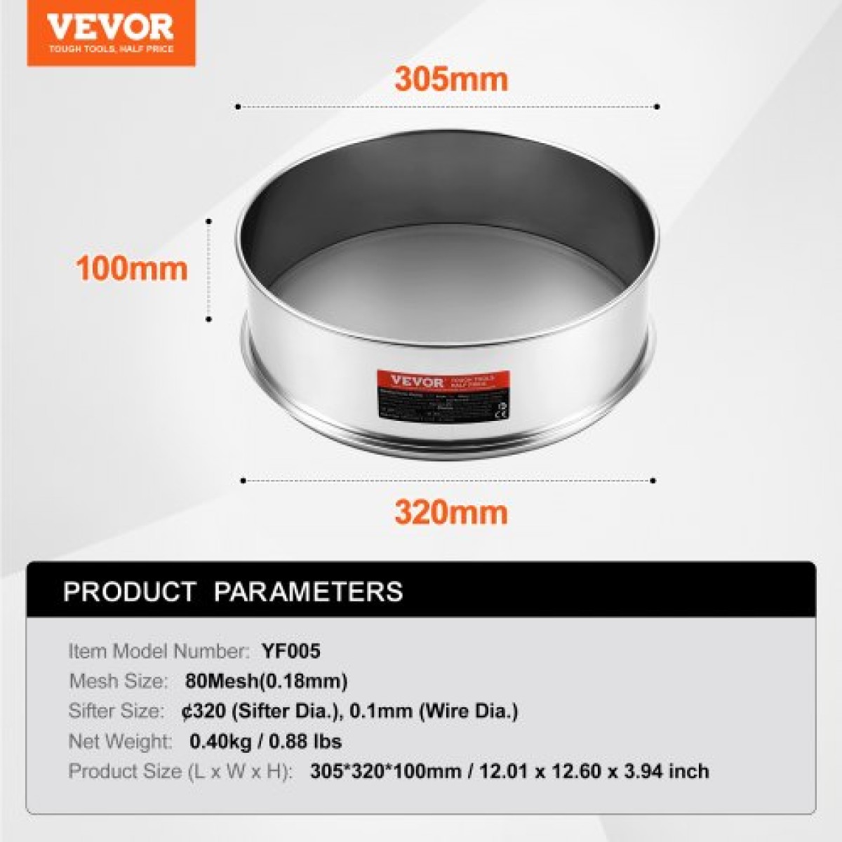 VEVOR Flour Sieve Fine Mesh, 80 Mesh Flour Sifter, 304 Stainless Steel Fine Mesh Sifter Food-grade, Dia.Διχτυωτές 12,6" για ψήσιμο, Διχτυωτή τρύπα 5 μεγεθών για Mungbean, ρύζι, αλεύρι, μαργαριτάρι σε σκόνη