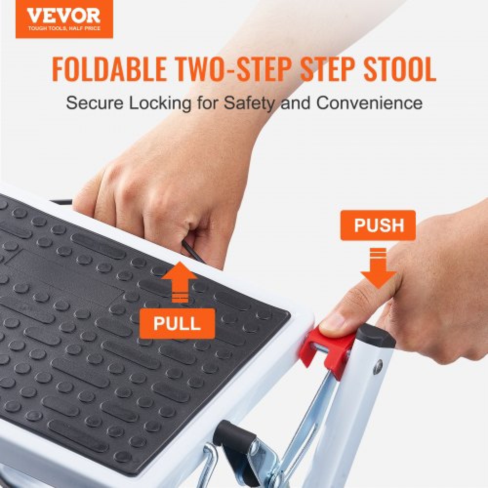 VEVOR Step Ladder 2-Step χωρητικότητας 150kg, Εργονομικό αναδιπλούμενο σκαμπό από ατσάλι με φαρδύ αντιολισθητικό πεντάλ, στιβαρό σκαμπό για ενήλικες νήπια, πολλαπλή χρήση για οικιακό, κουζίνα, γραφείο, τροχόσπιτα