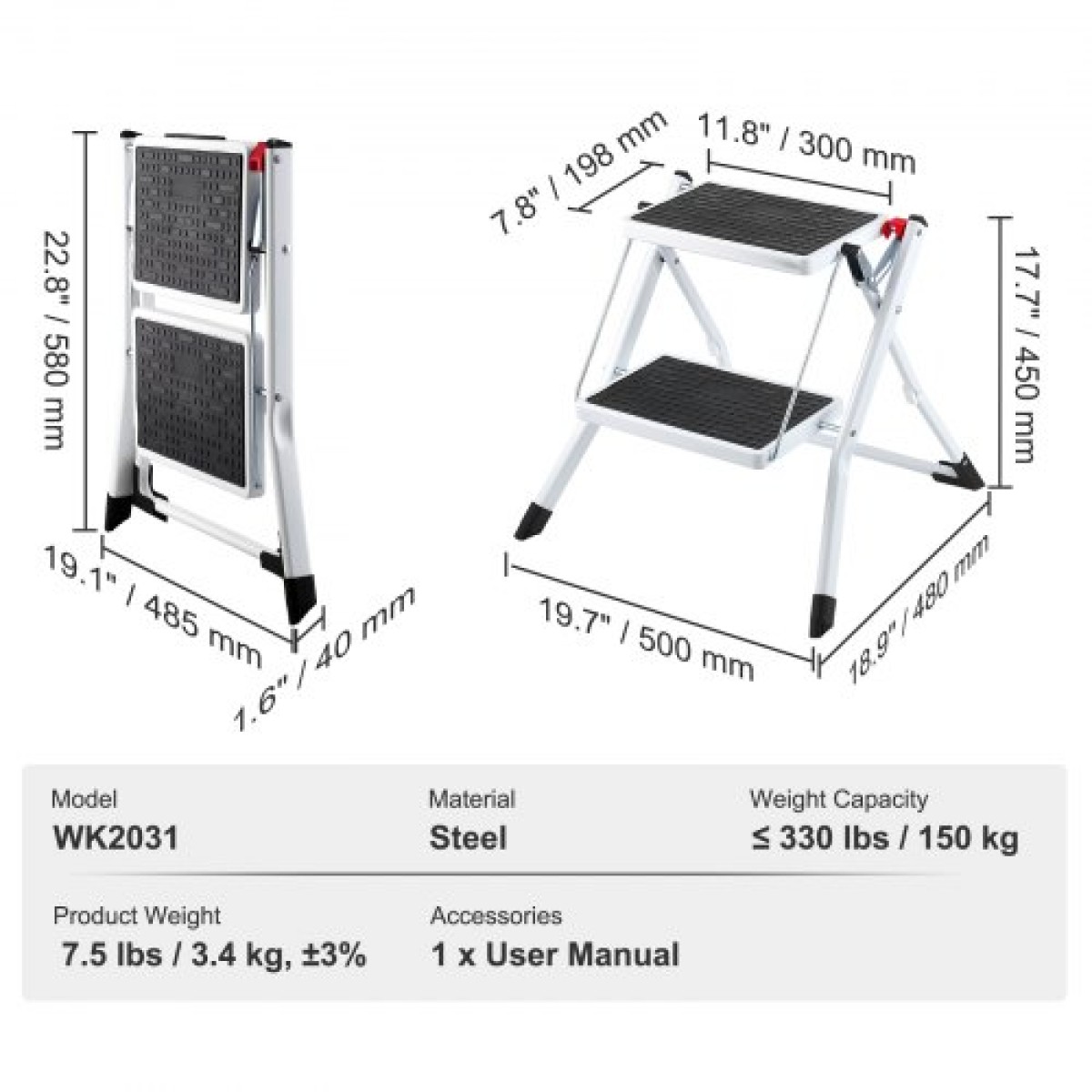 VEVOR Step Ladder 2-Step χωρητικότητας 150kg, Εργονομικό αναδιπλούμενο σκαμπό από ατσάλι με φαρδύ αντιολισθητικό πεντάλ, στιβαρό σκαμπό για ενήλικες νήπια, πολλαπλή χρήση για οικιακό, κουζίνα, γραφείο, τροχόσπιτα