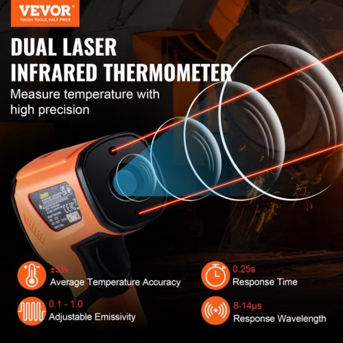 VEVOR υπέρυθρο θερμόμετρο, -40~2732°F Διπλό πιστόλι θερμοκρασίας λέιζερ χωρίς επαφή, φορητό πιστόλι θερμοκρασίας υπερύθρων με ρυθμιζόμενη εκπομπή για τήξη μετάλλων/μαγείρεμα/φούρνο πίτσας/κινητήρα (όχι για τον άνθρωπο)