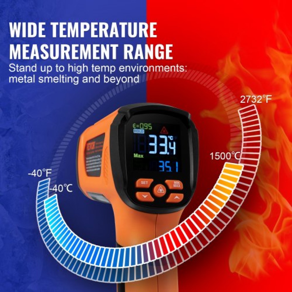 VEVOR υπέρυθρο θερμόμετρο, -40~2732°F Διπλό πιστόλι θερμοκρασίας λέιζερ χωρίς επαφή, φορητό πιστόλι θερμοκρασίας υπερύθρων με ρυθμιζόμενη εκπομπή για τήξη μετάλλων/μαγείρεμα/φούρνο πίτσας/κινητήρα (όχι για τον άνθρωπο)