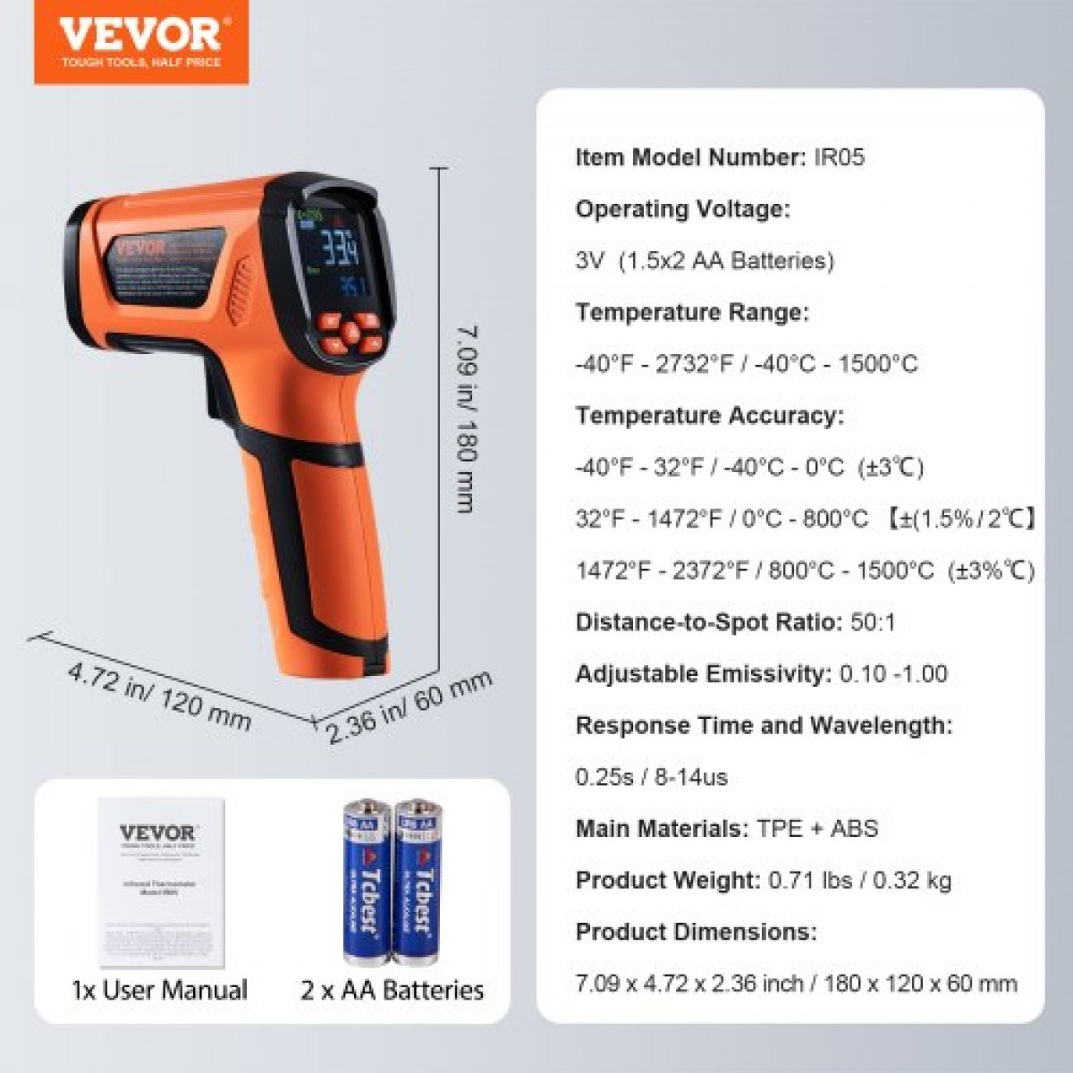 VEVOR υπέρυθρο θερμόμετρο, -40~2732°F Διπλό πιστόλι θερμοκρασίας λέιζερ χωρίς επαφή, φορητό πιστόλι θερμοκρασίας υπερύθρων με ρυθμιζόμενη εκπομπή για τήξη μετάλλων/μαγείρεμα/φούρνο πίτσας/κινητήρα (όχι για τον άνθρωπο)