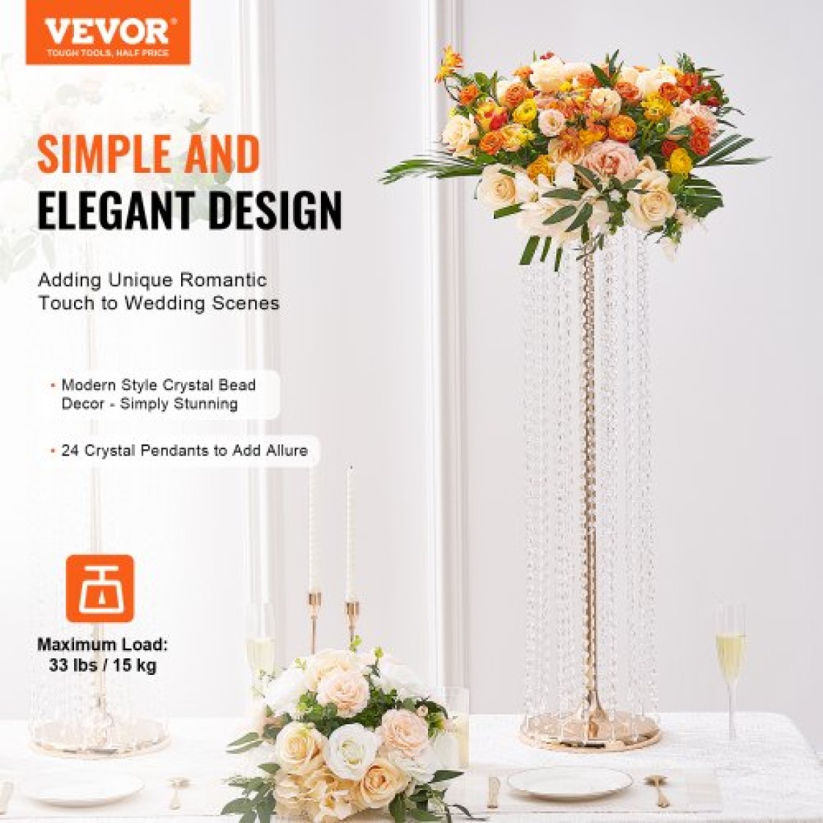VEVOR 2PCS 35,43 ιντσών /90cm Ψηλός Κρυστάλλινος Γάμος Λουλούδια Βάζα, Πολυτελή Κεντρικά Βάζα Λουλούδια Κρυστάλλινο Χρυσό Βάζο Μεταλλικό, Ιδανικό για Τελετή Τελετής Γαμήλιο πάρτι T-stage Dinner Event Ξενοδοχείο Διακόσμηση σπιτιού