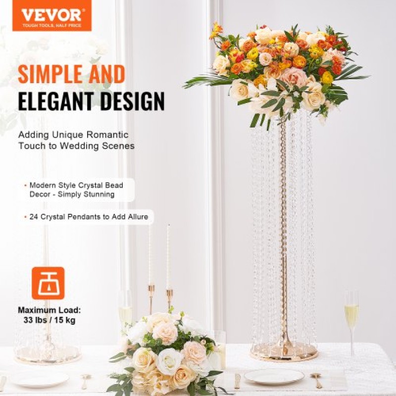 VEVOR 2PCS 35,43 ιντσών /90cm Ψηλός Κρυστάλλινος Γάμος Λουλούδια Βάζα, Πολυτελή Κεντρικά Βάζα Λουλούδια Κρυστάλλινο Χρυσό Βάζο Μεταλλικό, Ιδανικό για Τελετή Τελετής Γαμήλιο πάρτι T-stage Dinner Event Ξενοδοχείο Διακόσμηση σπιτιού