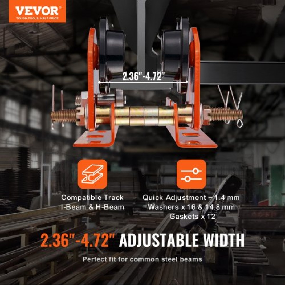 Χειροκίνητο καροτσάκι VEVOR Electric Hoist, 499 kg/0,5 Ton χωρητικότητα για PA200 PA250 PA300 PA400 PA500, Push Beam Trolley with Dual Wheels, 6 cm-12 cm Ρυθμιζόμενο πλάτος φλάντζας για ευθεία κυρτή δοκό I