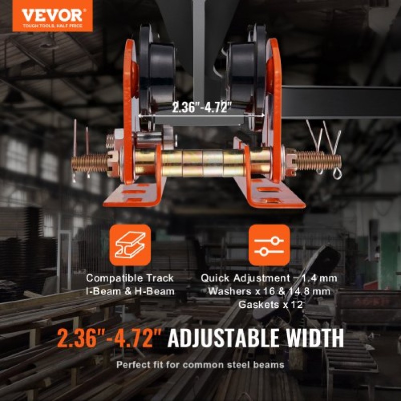 Χειροκίνητο καροτσάκι VEVOR Electric Hoist, 499 kg/0,5 Ton χωρητικότητα για PA200 PA250 PA300 PA400 PA500, Push Beam Trolley with Dual Wheels, 6 cm-12 cm Ρυθμιζόμενο πλάτος φλάντζας για ευθεία κυρτή δοκό I