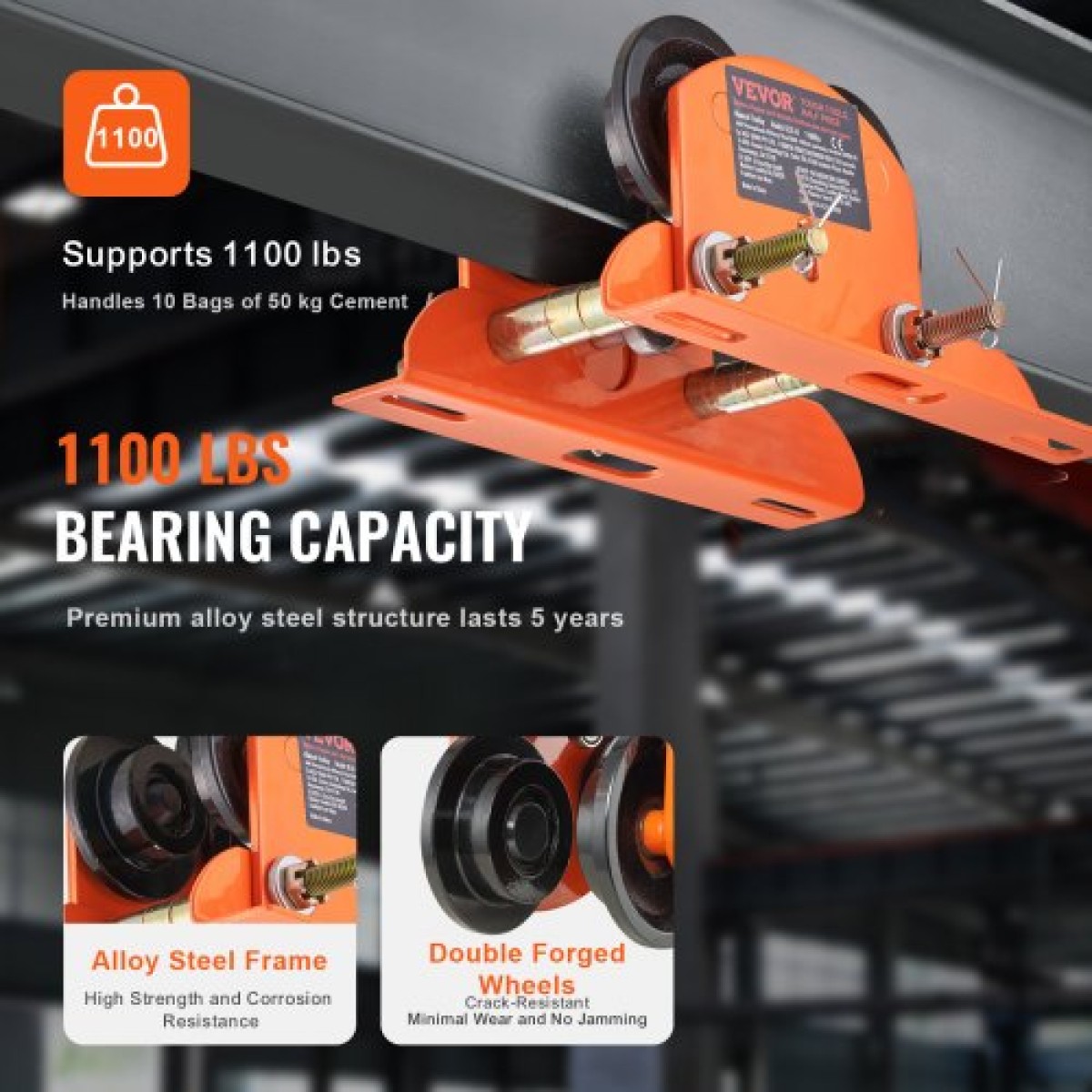 Χειροκίνητο καροτσάκι VEVOR Electric Hoist, 499 kg/0,5 Ton χωρητικότητα για PA200 PA250 PA300 PA400 PA500, Push Beam Trolley with Dual Wheels, 6 cm-12 cm Ρυθμιζόμενο πλάτος φλάντζας για ευθεία κυρτή δοκό I
