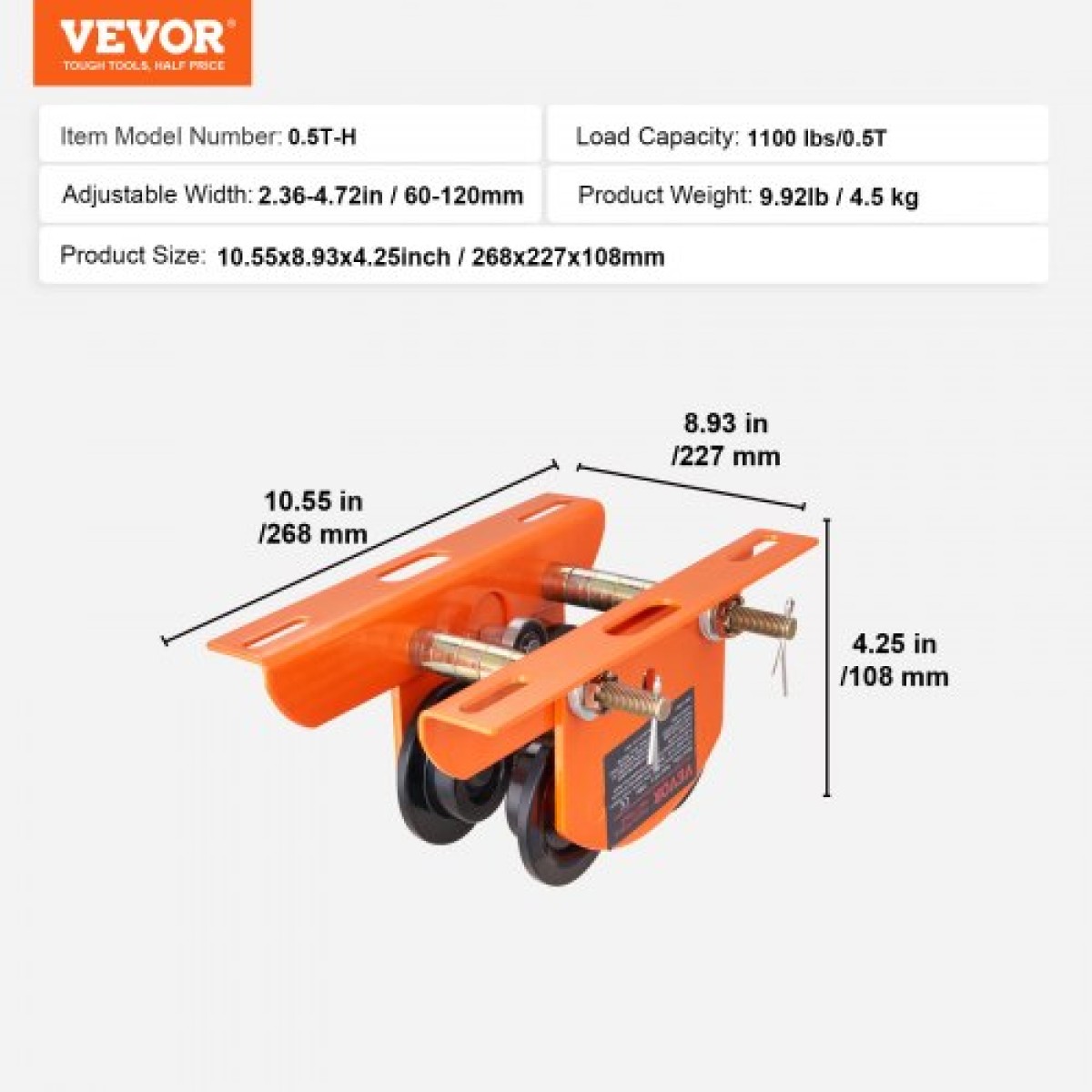 Χειροκίνητο καροτσάκι VEVOR Electric Hoist, 499 kg/0,5 Ton χωρητικότητα για PA200 PA250 PA300 PA400 PA500, Push Beam Trolley with Dual Wheels, 6 cm-12 cm Ρυθμιζόμενο πλάτος φλάντζας για ευθεία κυρτή δοκό I