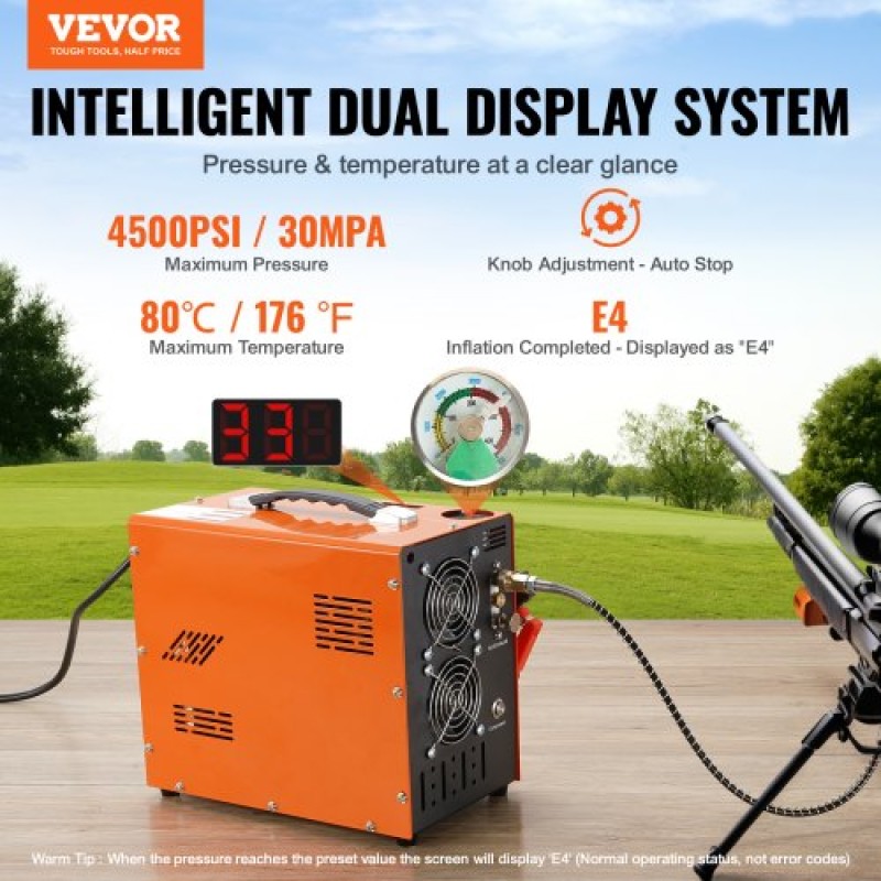 VEVOR PCP Air Compressor, 4500PSI/30Mpa Portable PCP Airgun Compressor με ενσωματωμένο μετατροπέα ισχύος, Auto-Stop |DC12V/AC230V |Αντλία συμπιεστή αεροβόλου, Paintball και Scuba Tank χωρίς λάδι και νερό