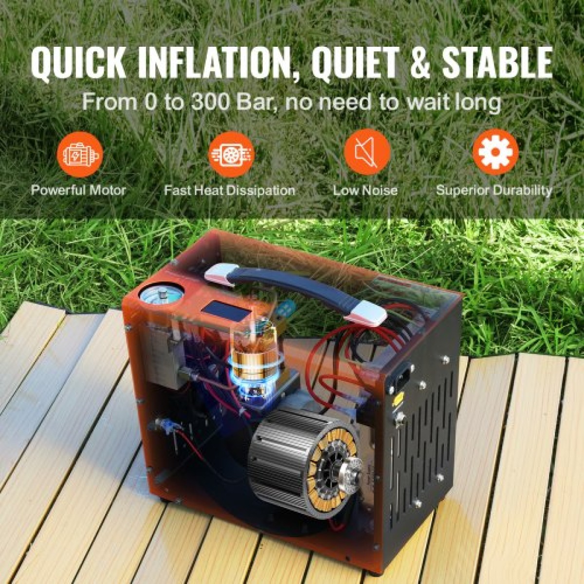 VEVOR PCP Air Compressor, 4500PSI/30Mpa Portable PCP Airgun Compressor με ενσωματωμένο μετατροπέα ισχύος, Auto-Stop |DC12V/AC230V |Αντλία συμπιεστή αεροβόλου, Paintball και Scuba Tank χωρίς λάδι και νερό