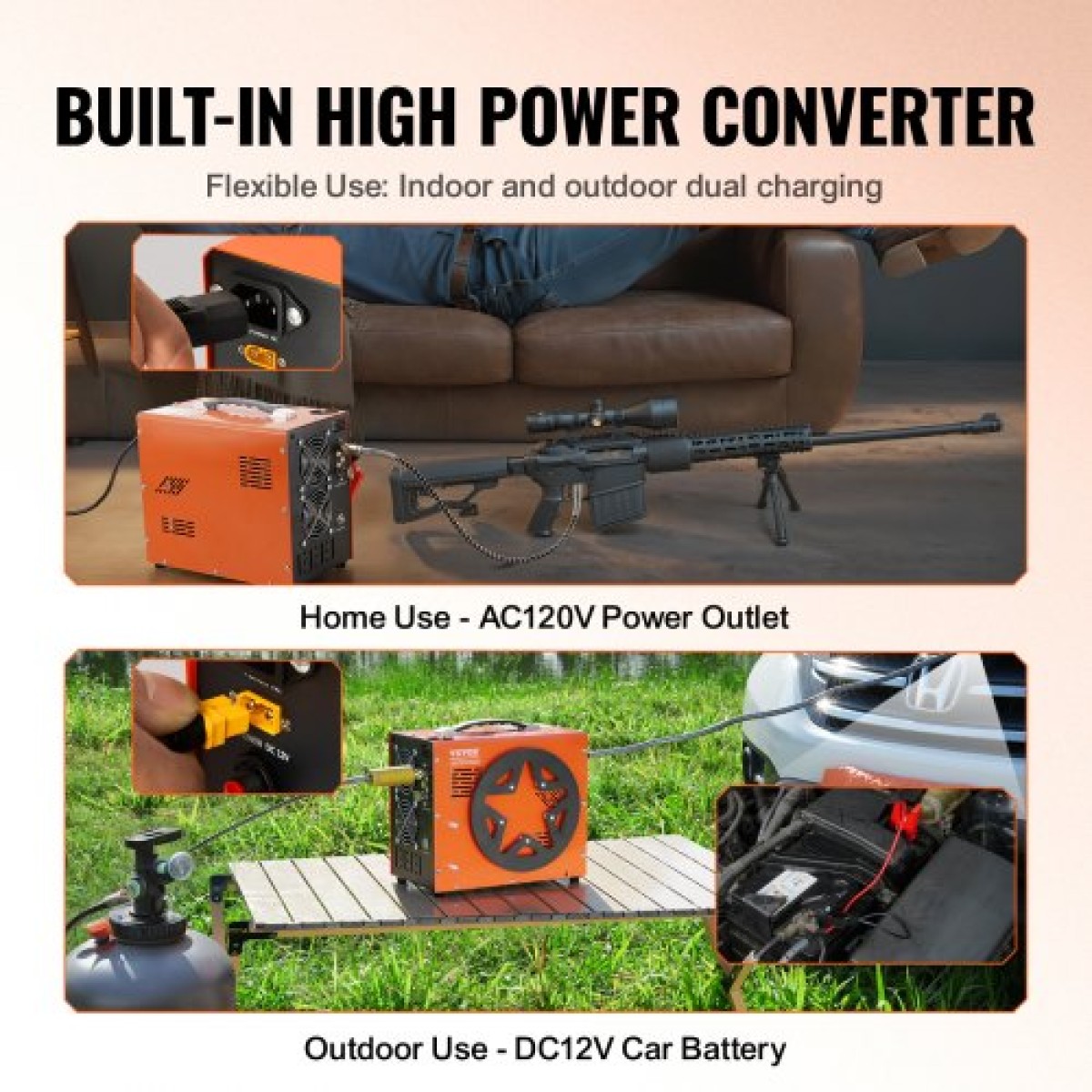 VEVOR PCP Air Compressor, 4500PSI/30Mpa Portable PCP Airgun Compressor με ενσωματωμένο μετατροπέα ισχύος, Auto-Stop |DC12V/AC230V |Αντλία συμπιεστή αεροβόλου, Paintball και Scuba Tank χωρίς λάδι και νερό