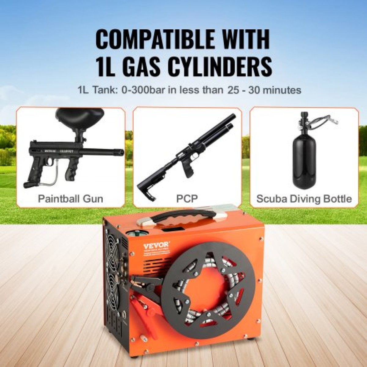 VEVOR PCP Air Compressor, 4500PSI/30Mpa Portable PCP Airgun Compressor με ενσωματωμένο μετατροπέα ισχύος, Auto-Stop |DC12V/AC230V |Αντλία συμπιεστή αεροβόλου, Paintball και Scuba Tank χωρίς λάδι και νερό