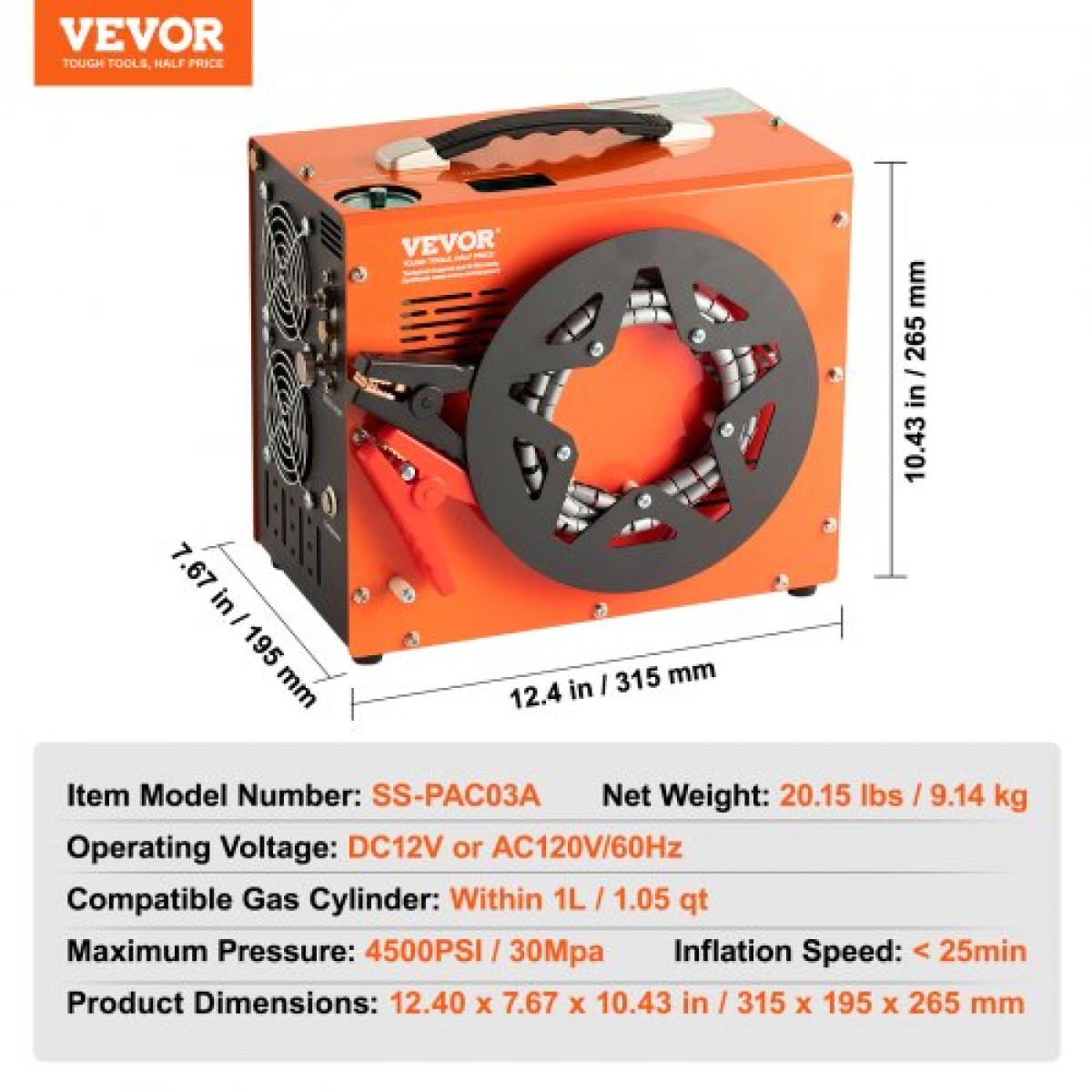 VEVOR PCP Air Compressor, 4500PSI/30Mpa Portable PCP Airgun Compressor με ενσωματωμένο μετατροπέα ισχύος, Auto-Stop |DC12V/AC230V |Αντλία συμπιεστή αεροβόλου, Paintball και Scuba Tank χωρίς λάδι και νερό