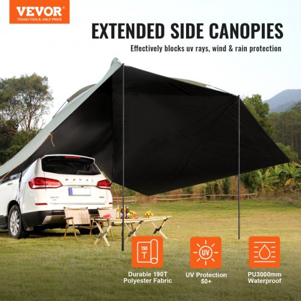 VEVOR Vehicle Awning, Large 10' x 7' Shade Coverage Πλαϊνή τέντα αυτοκινήτου, PU2000mm UV50+ Τέντα αυτοκινήτου με εκτεταμένα πλαϊνά κουβούκλια και φορητή τσάντα αποθήκευσης, Κατάλληλη για φορτηγά, SUV, Van, Campers