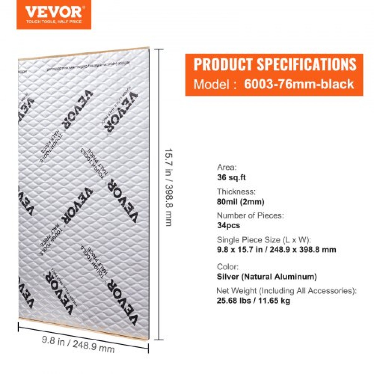 VEVOR Car Sound Deadening Mat, 80 mil 3,3sq.m Υλικό Ηχοαπόσβεσης Αυτοκινήτων, Βουτύλιο Αυτοκινήτων Sound Deadener, ηχομόνωση και κραδασμικό υλικό για αυτοκίνητο