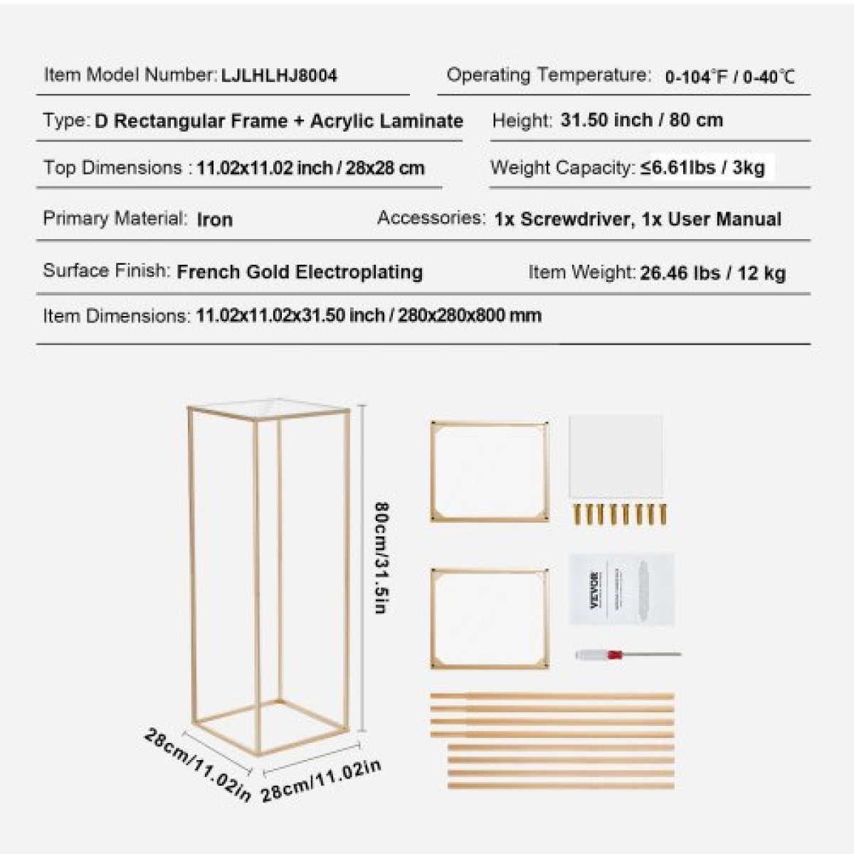 VEVOR 10PCS 31,5 ιντσών/80 εκ. Σταντ για λουλούδια γάμου, με ακρυλικό laminate, μεταλλικό βάζο με στήλη γεωμετρικά κεντρικά στάντ, χρυσό ορθογώνιο φλοράλ ράφι για δεξίωση εκδηλώσεων, διακόσμηση πάρτι