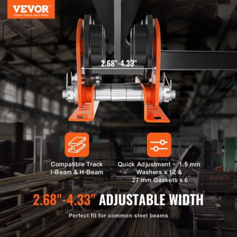 Χειροκίνητο καροτσάκι VEVOR Electric Hoist, χωρητικότητα 998 kg/1 τόνο για PA200 PA250 PA300 PA400 PA500, Καρότσι Push Beam with Dual Wheels, 6,8 cm-11 cm Ρυθμιζόμενο πλάτος φλάντζας δοκού για ευθεία καμπύλη δοκό