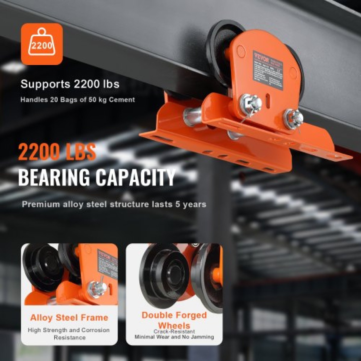 Χειροκίνητο καροτσάκι VEVOR Electric Hoist, χωρητικότητα 998 kg/1 τόνο για PA200 PA250 PA300 PA400 PA500, Καρότσι Push Beam with Dual Wheels, 6,8 cm-11 cm Ρυθμιζόμενο πλάτος φλάντζας δοκού για ευθεία καμπύλη δοκό