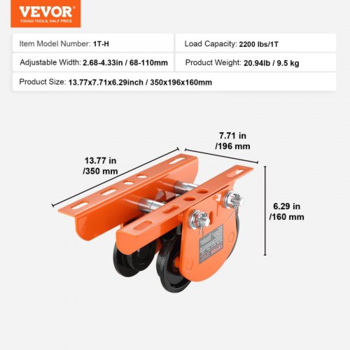 Χειροκίνητο καροτσάκι VEVOR Electric Hoist, χωρητικότητα 998 kg/1 τόνο για PA200 PA250 PA300 PA400 PA500, Καρότσι Push Beam with Dual Wheels, 6,8 cm-11 cm Ρυθμιζόμενο πλάτος φλάντζας δοκού για ευθεία καμπύλη δοκό