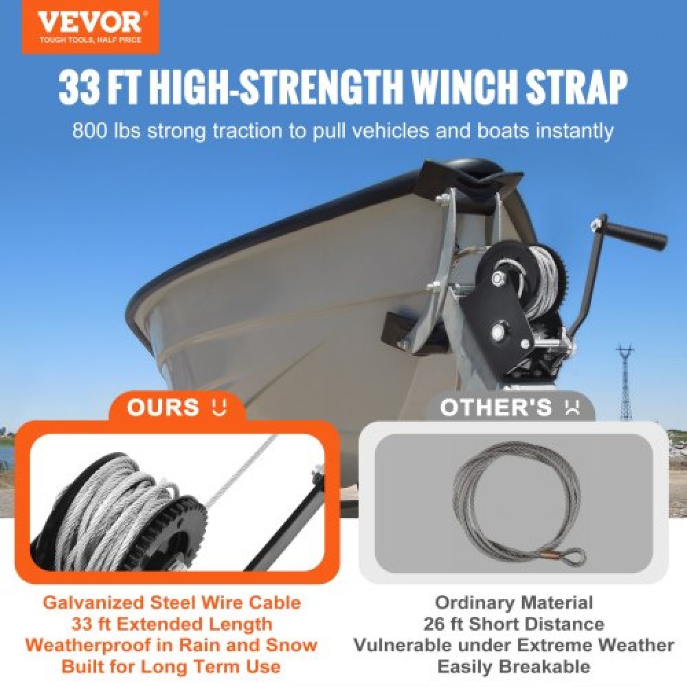 Βαρούλκο χειρός VEVOR, χωρητικότητα έλξης 362,9 kg, Βαρούλκο ρυμουλκούμενου σκάφους Στρόφαλο βαρέως τύπου σχοινιού με ατσάλινο συρμάτινο καλώδιο 1005,8 cm και καστάνια διπλής κατεύθυνσης, χειροκίνητο βαρούλκο με μανιβέλα για ρυμούλκηση ρυμουλκούμενου, σκά