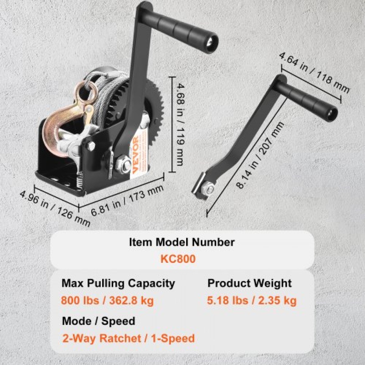 Βαρούλκο χειρός VEVOR, χωρητικότητα έλξης 362,9 kg, Βαρούλκο ρυμουλκούμενου σκάφους Στρόφαλο βαρέως τύπου σχοινιού με ατσάλινο συρμάτινο καλώδιο 1005,8 cm και καστάνια διπλής κατεύθυνσης, χειροκίνητο βαρούλκο με μανιβέλα για ρυμούλκηση ρυμουλκούμενου, σκά
