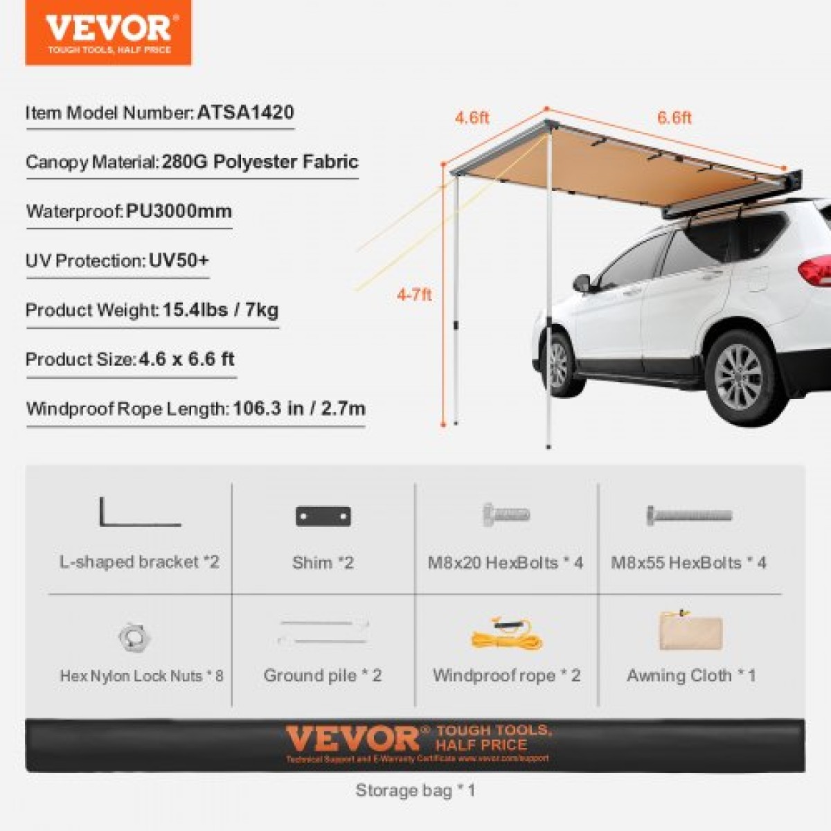Πλαϊνή τέντα αυτοκινήτου VEVOR, Μεγάλη 4,6'x6,6' Σκίαση Τέντα οχήματος, PU3000mm UV50+ αναδιπλούμενη τέντα αυτοκινήτου με αδιάβροχη τσάντα αποθήκευσης, Κατάλληλη για φορτηγό, SUV, Van, Campers