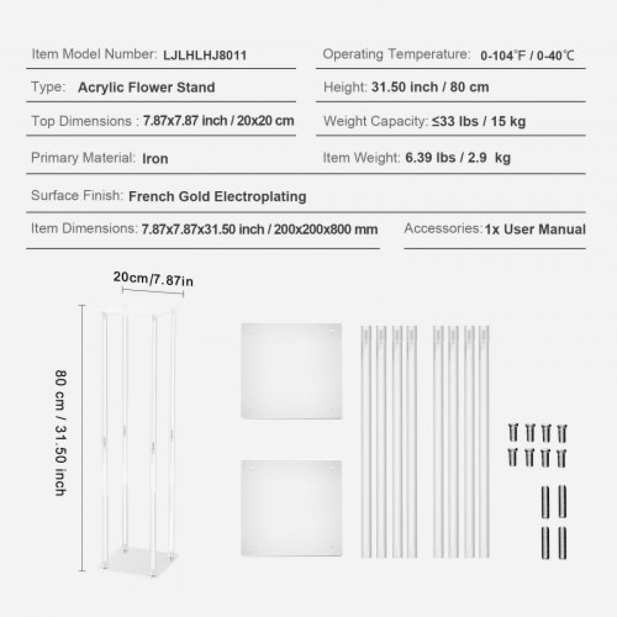 VEVOR 2PCS 31,5 ιντσών/80 εκ. Σταντ για λουλούδια γάμου, με ακρυλικό laminate, ακρυλικό βάζο με στήλη γεωμετρικά στηρίγματα στο κέντρο, φλοράλ ράφι για δεξίωση εκδηλώσεων T-Stage, Διακόσμηση για πάρτι σπιτιού