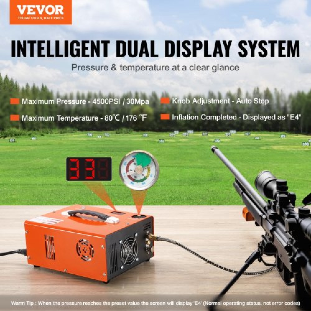 VEVOR PCP Air Compressor, 4500PSI Portable PCP Airgun Compressor με ενσωματωμένο μετατροπέα, Auto-Stop |DC12V/AC230V |Αντλία συμπιεστή δοχείου Paintball χωρίς λάδι και νερό για αεροβόλο τουφέκι, μπουκάλι κατάδυσης