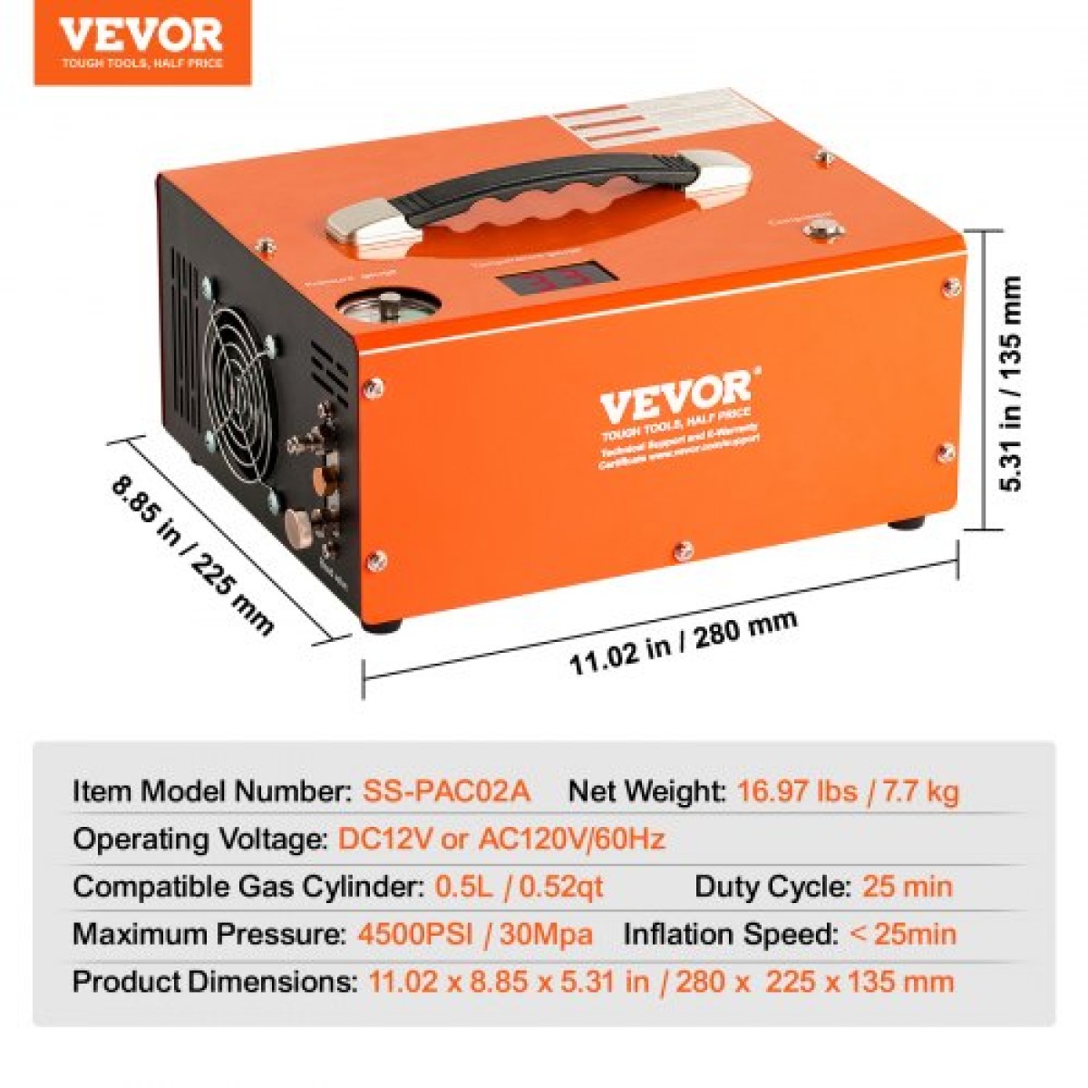 VEVOR PCP Air Compressor, 4500PSI Portable PCP Airgun Compressor με ενσωματωμένο μετατροπέα, Auto-Stop |DC12V/AC230V |Αντλία συμπιεστή δοχείου Paintball χωρίς λάδι και νερό για αεροβόλο τουφέκι, μπουκάλι κατάδυσης