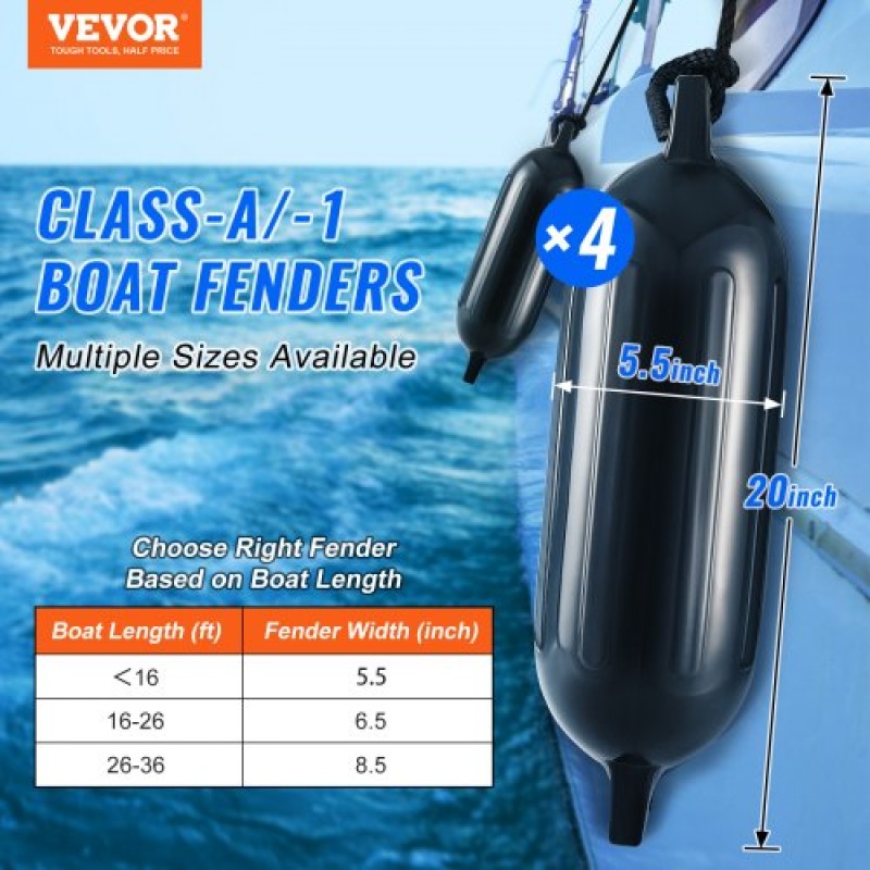 Φτερά σκάφους VEVOR, 14 cm x 51 cm προφυλακτήρες σκάφους για σύνδεση, φουσκωτό ραβδωτό φτερό με κεντρικές τρύπες, προφυλακτήρας φτερού αποβάθρας θαλάσσης με αντλία αέρα, 4 βελόνες και 4 σχοινιά και τσάντα αποθήκευσης, μαύρο