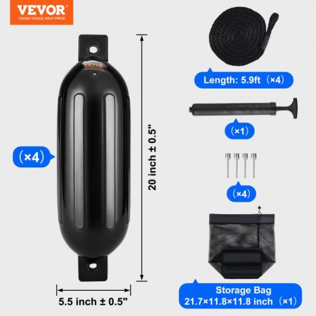 Φτερά σκάφους VEVOR, 14 cm x 51 cm προφυλακτήρες σκάφους για σύνδεση, φουσκωτό ραβδωτό φτερό με κεντρικές τρύπες, προφυλακτήρας φτερού αποβάθρας θαλάσσης με αντλία αέρα, 4 βελόνες και 4 σχοινιά και τσάντα αποθήκευσης, μαύρο