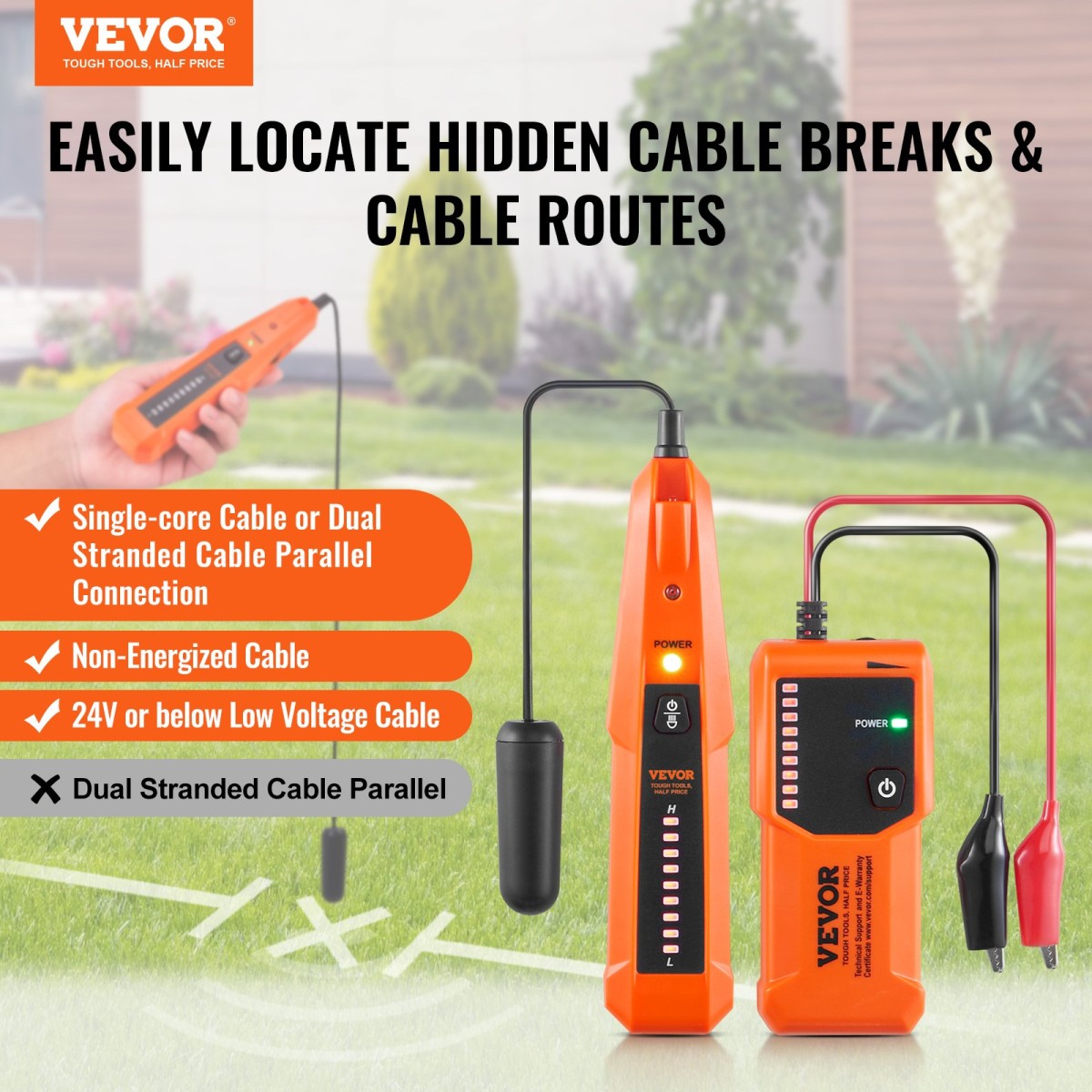 VEVOR Underground Cable Locator, 3 FT Max.Detection Depth, Wire Tracer Break Detector Finder with Earphone, 1000 FT Max.Detection Length Tester for Pet Fence Buried Sprinkler Valve Irigation