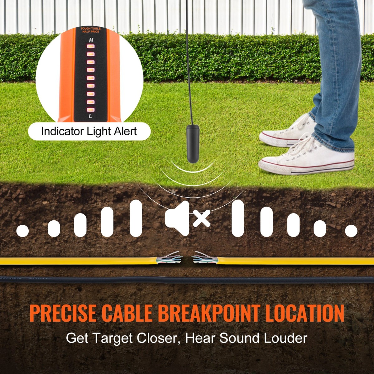VEVOR Underground Cable Locator, 3 FT Max.Detection Depth, Wire Tracer Break Detector Finder with Earphone, 1000 FT Max.Detection Length Tester for Pet Fence Buried Sprinkler Valve Irigation