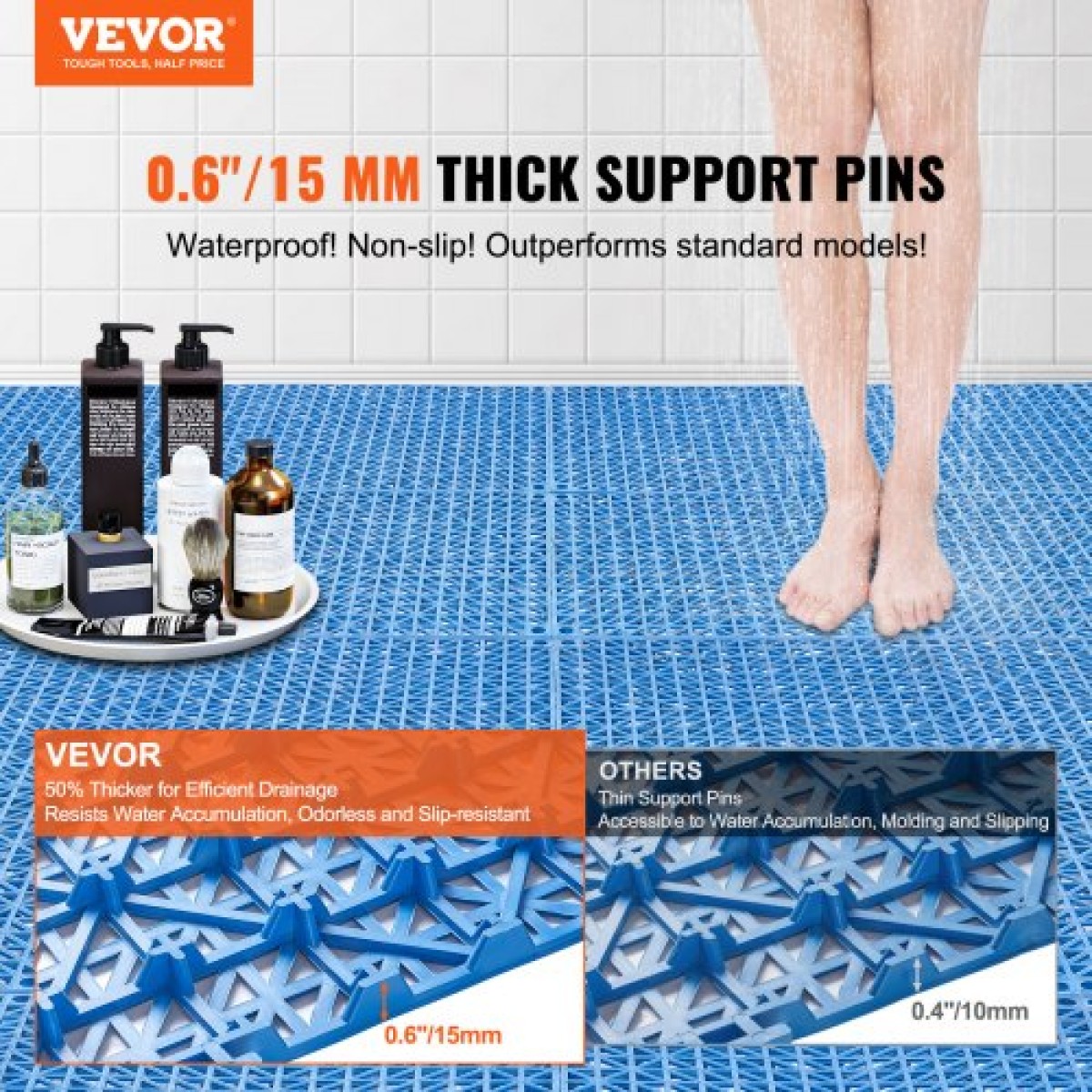 VEVOR Modular Interlocking Cushion, 50 Pack 30 x 30 cm Splicing Drinage Mats, Μαλακό PVC Πλακάκια δαπέδου αποχέτευσης, Αντιολισθητικές οπές αποστράγγισης για τουαλέτα, Μπάνιο, Κουζίνα, Πισίνα, Υγρό Χώρο, Μπλε