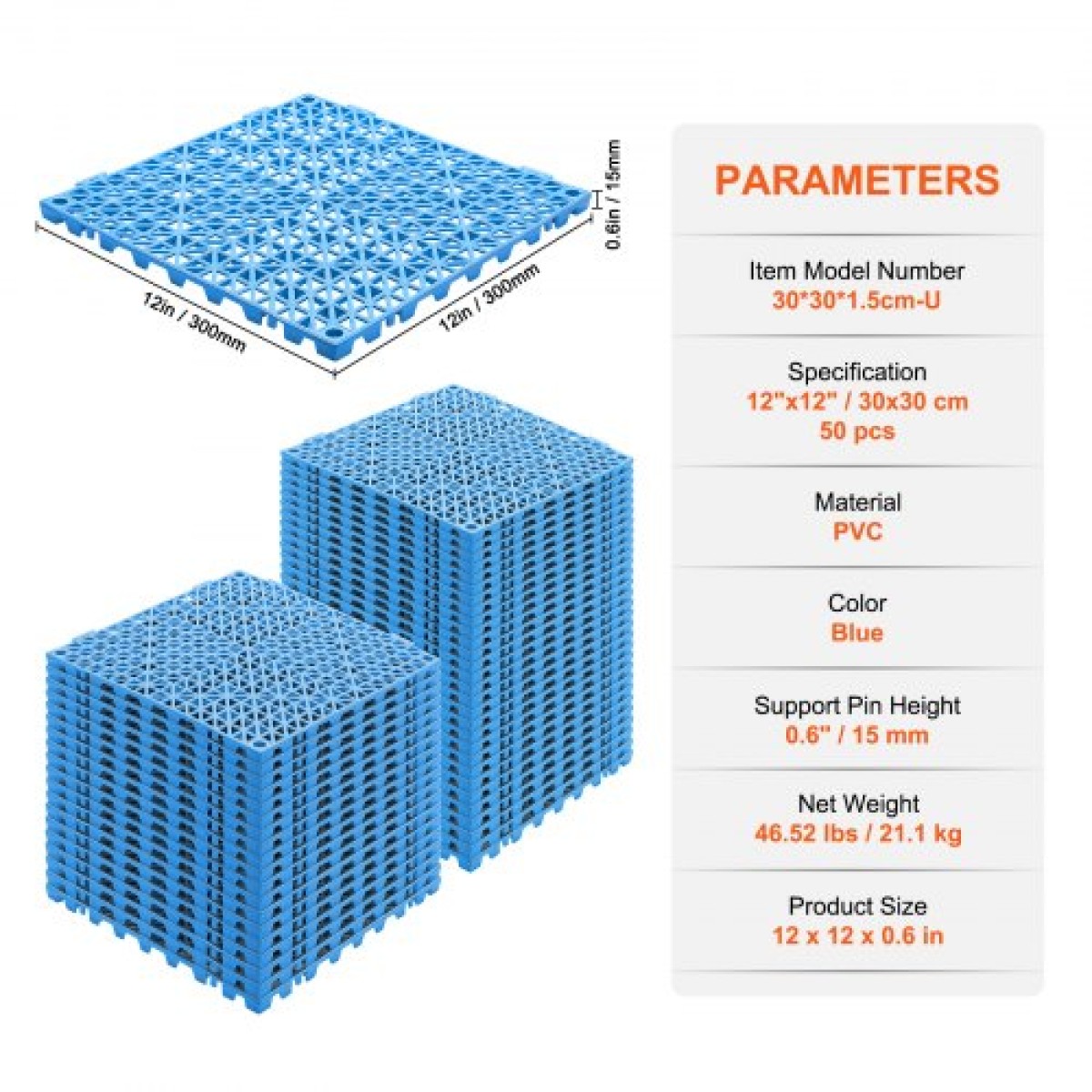 VEVOR Modular Interlocking Cushion, 50 Pack 30 x 30 cm Splicing Drinage Mats, Μαλακό PVC Πλακάκια δαπέδου αποχέτευσης, Αντιολισθητικές οπές αποστράγγισης για τουαλέτα, Μπάνιο, Κουζίνα, Πισίνα, Υγρό Χώρο, Μπλε