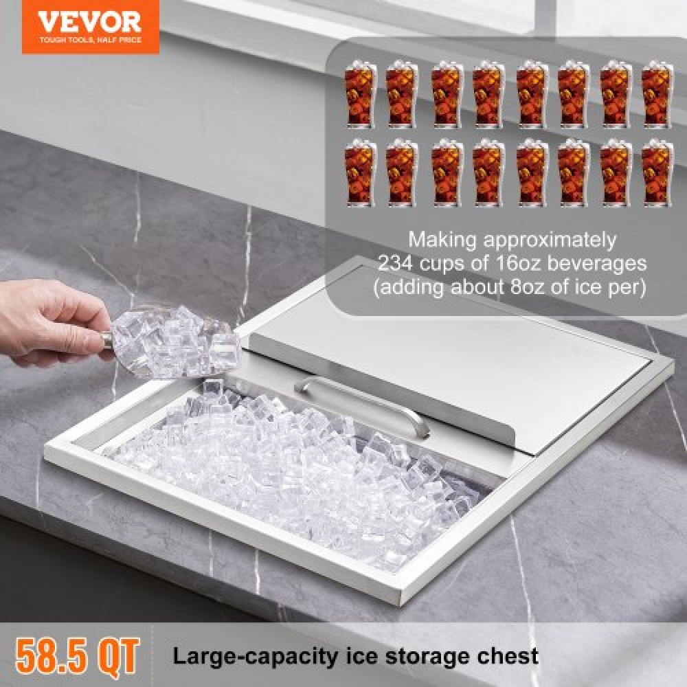 VEVOR Drop in Ice Chest, 61 cm L x 46 cm W x 33 cm H Ψύκτη από ανοξείδωτο ατσάλι, Επαγγελματικός Κάδος Πάγου με Συρόμενο Κάλυμμα, 38,7 L εξωτερικής κουζίνας Ice Bar, σωλήνα αποστράγγισης και βύσμα αποστράγγισης, για Cold Wine Beer