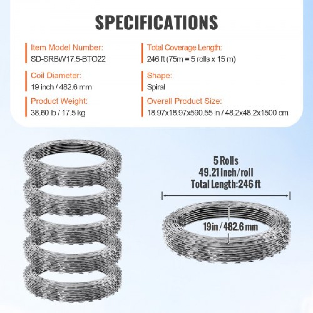 VEVOR Razor Wires, 75 m Razor Barbed Wire, 5 Rolls Razor Wire Περίφραξη Razor Fence, Razor Ribbon Razor Wire Galvanized Razor Wire Fence, Rolls Razor Wire for Garden