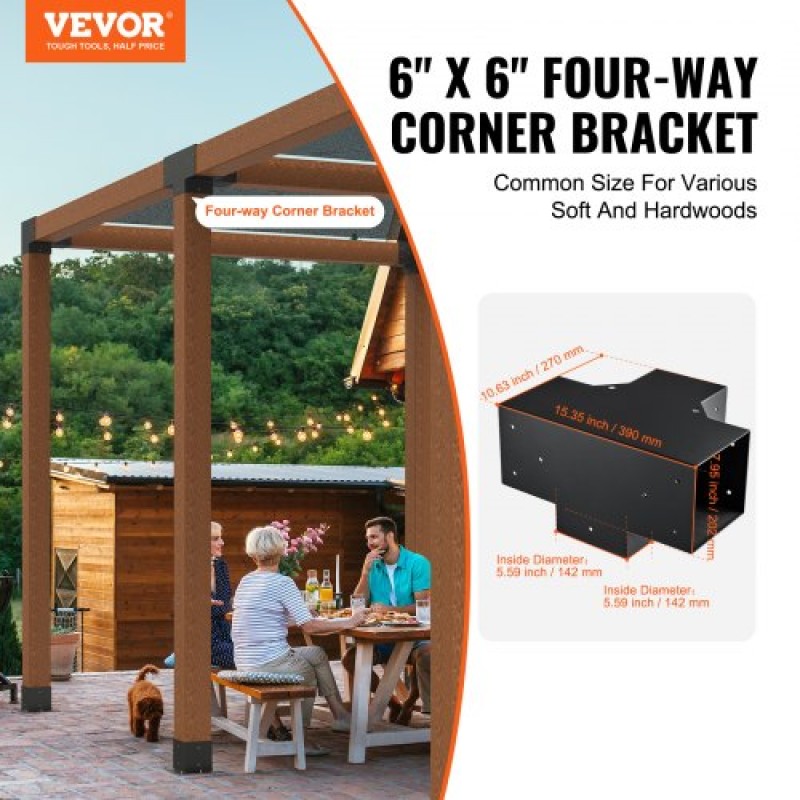 Σετ βραχίονα πέργκολας VEVOR 6''x6''(Εσωτερικό μέγεθος 5,6x5,6), 2 τμχ γωνιακό στήριγμα 4-Way Heavy Duty Woodworks DIY Post Base Kit, Ξύλινα δοκάρια εύκολης εγκατάστασης για κιόσκια, πέργκολες βεράντας, ξύλινη καμπίνα εξωτερικού χώρου
