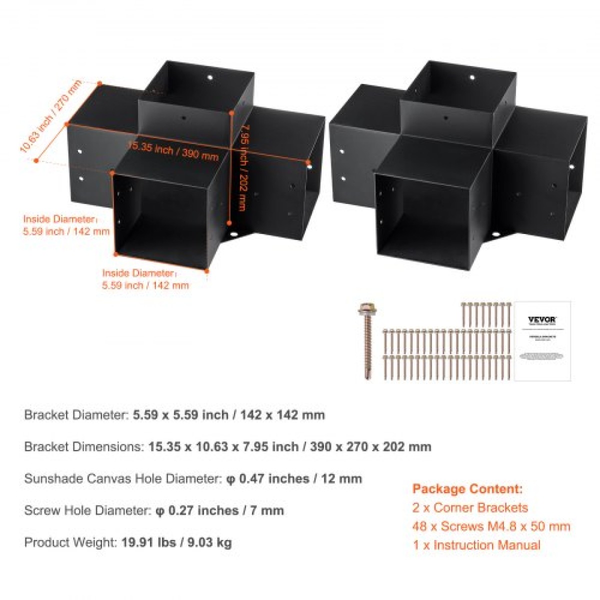 Σετ βραχίονα πέργκολας VEVOR 6''x6''(Εσωτερικό μέγεθος 5,6x5,6), 2 τμχ γωνιακό στήριγμα 4-Way Heavy Duty Woodworks DIY Post Base Kit, Ξύλινα δοκάρια εύκολης εγκατάστασης για κιόσκια, πέργκολες βεράντας, ξύλινη καμπίνα εξωτερικού χώρου
