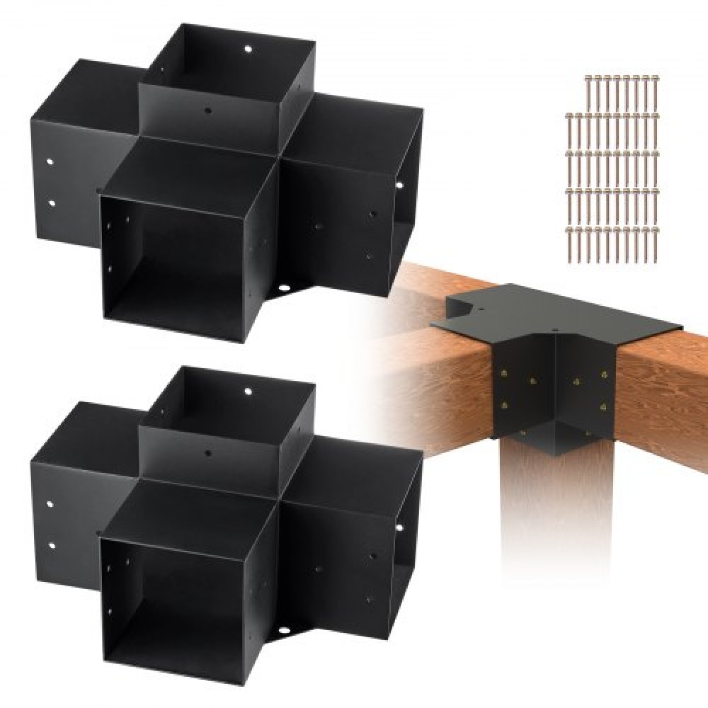 Σετ βραχίονα πέργκολας VEVOR 6''x6''(Εσωτερικό μέγεθος 5,6x5,6), 2 τμχ γωνιακό στήριγμα 4-Way Heavy Duty Woodworks DIY Post Base Kit, Ξύλινα δοκάρια εύκολης εγκατάστασης για κιόσκια, πέργκολες βεράντας, ξύλινη καμπίνα εξωτερικού χώρου