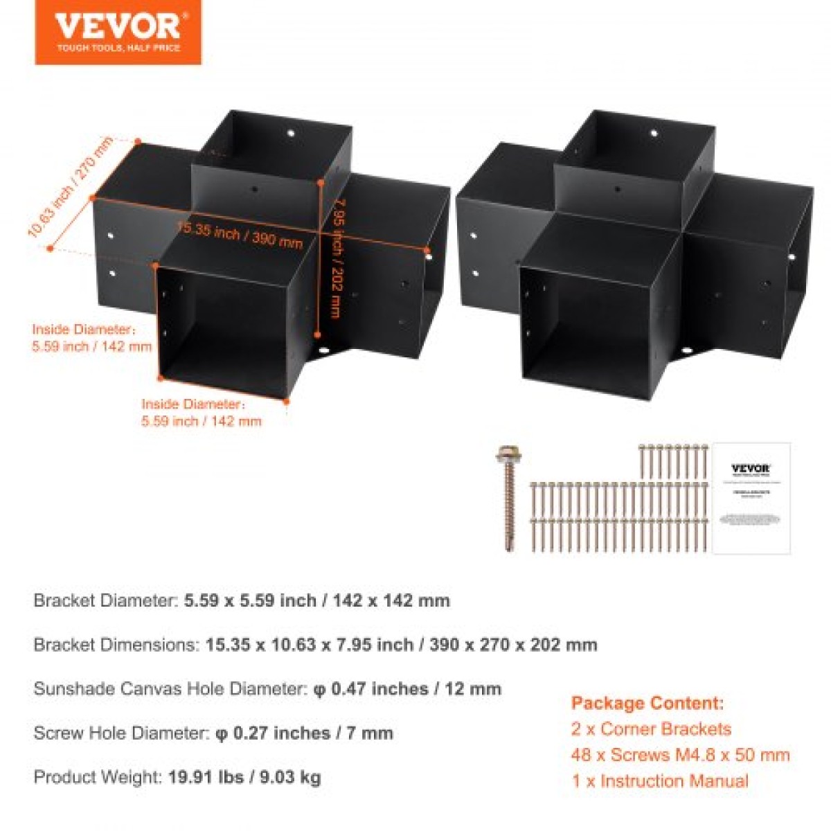 Σετ βραχίονα πέργκολας VEVOR 6''x6''(Εσωτερικό μέγεθος 5,6x5,6), 2 τμχ γωνιακό στήριγμα 4-Way Heavy Duty Woodworks DIY Post Base Kit, Ξύλινα δοκάρια εύκολης εγκατάστασης για κιόσκια, πέργκολες βεράντας, ξύλινη καμπίνα εξωτερικού χώρου