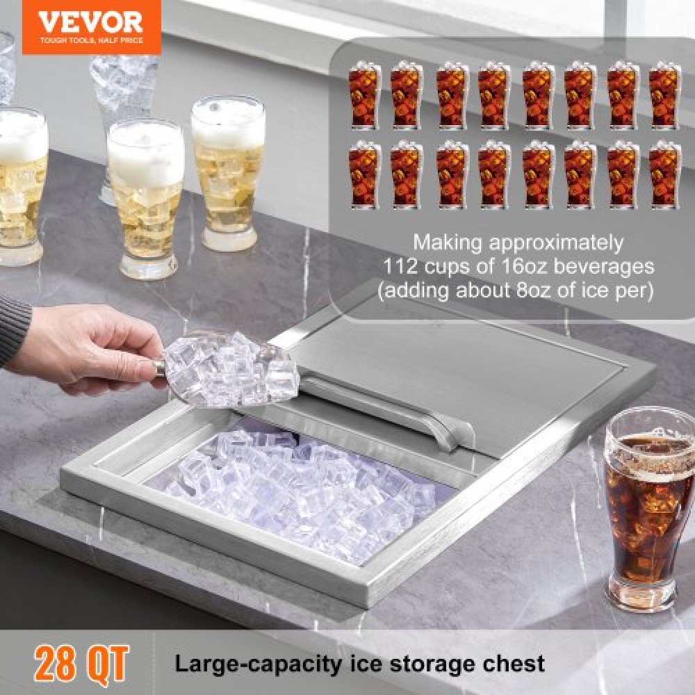 VEVOR Drop in Ice Chest, 46 cm L x 30,5 cm W x 36,8 cm Υ Ψύκτη από ανοξείδωτο ατσάλι, Επαγγελματικός Κάδος πάγου με συρόμενο κάλυμμα, 38,7 L Ice Bar εξωτερικής κουζίνας, σωλήνας αποστράγγισης και βύσμα αποστράγγισης, για κρύο κρασί