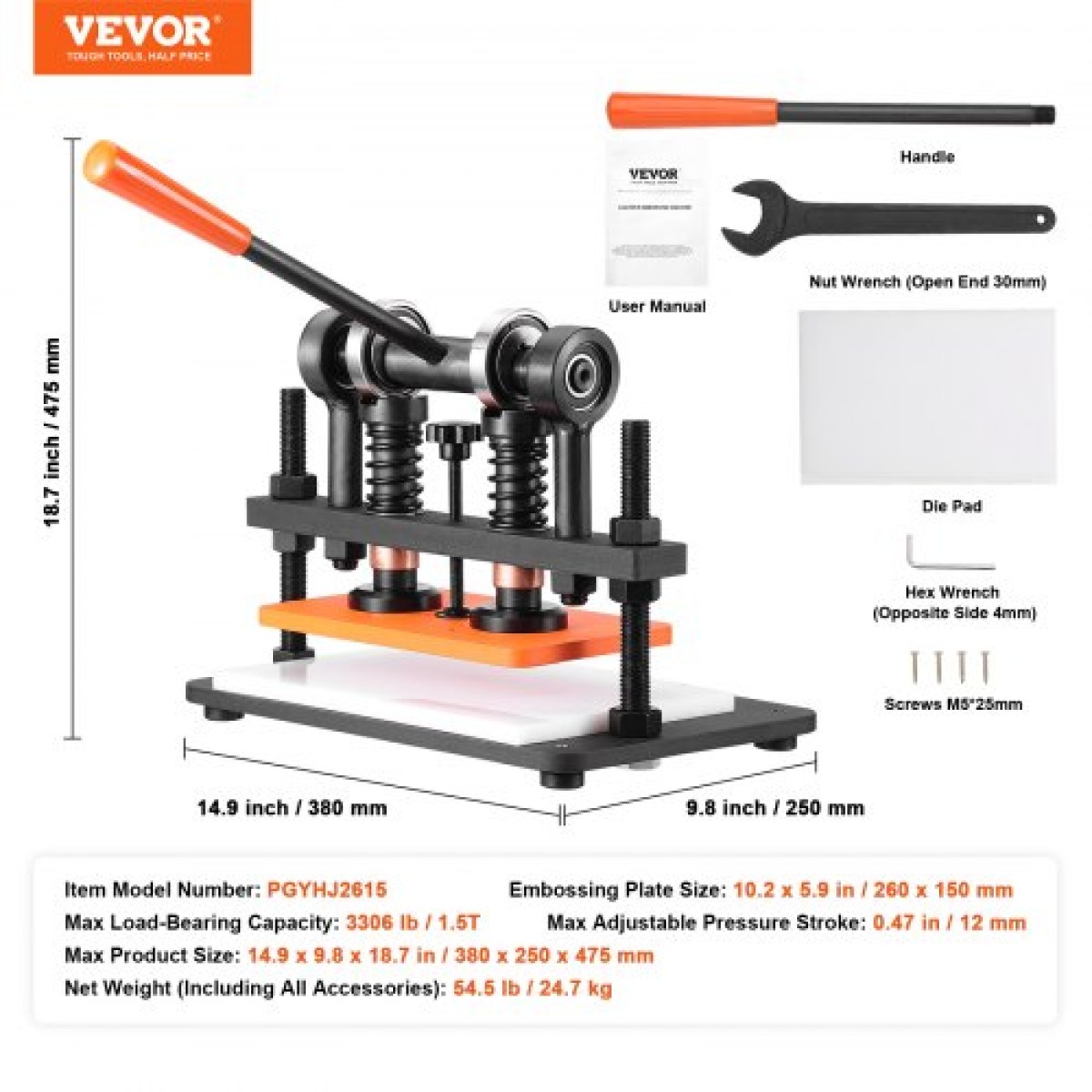 Δερμάτινη μηχανή κοπής VEVOR, 25,9 x 15 cm ανάγλυφη πλάκα, χειροκίνητη μήτρα κοπής, 1,2 cm πίεση δερμάτινη μηχανή κοπής, Dual Guide Shafts Die Cut Machine για διάφορα υλικά