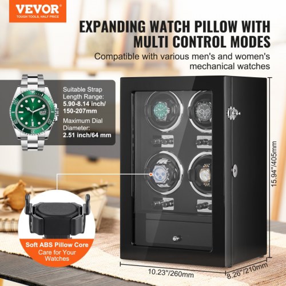 VEVOR Watch Winder, Watch Winder για 4 ανδρικά και γυναικεία αυτόματα ρολόγια, με 4 εξαιρετικά αθόρυβα ιαπωνικά μοτέρ Mabuchi, μπλε φως LED και αντάπτορα, κέλυφος πλακέτας υψηλής πυκνότητας και μαύρο PU