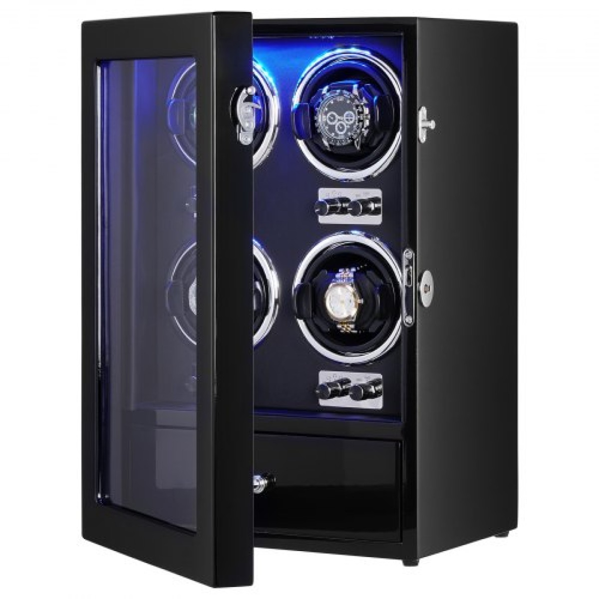 VEVOR Watch Winder, Watch Winder για 4 ανδρικά και γυναικεία αυτόματα ρολόγια, με 4 εξαιρετικά αθόρυβα ιαπωνικά μοτέρ Mabuchi, μπλε φως LED και αντάπτορα, κέλυφος πλακέτας υψηλής πυκνότητας και μαύρο PU