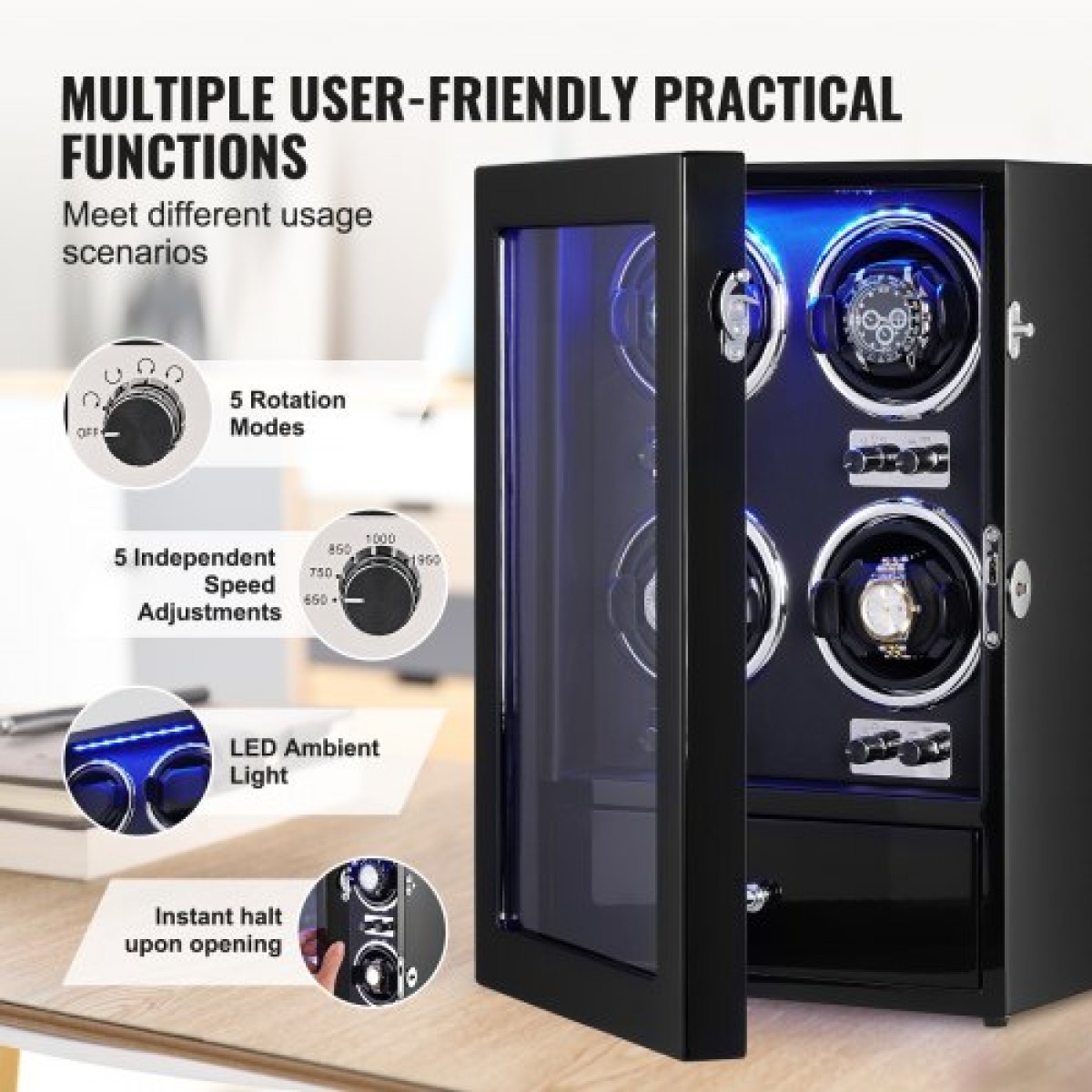 VEVOR Watch Winder, Watch Winder για 4 ανδρικά και γυναικεία αυτόματα ρολόγια, με 4 εξαιρετικά αθόρυβα ιαπωνικά μοτέρ Mabuchi, μπλε φως LED και αντάπτορα, κέλυφος πλακέτας υψηλής πυκνότητας και μαύρο PU