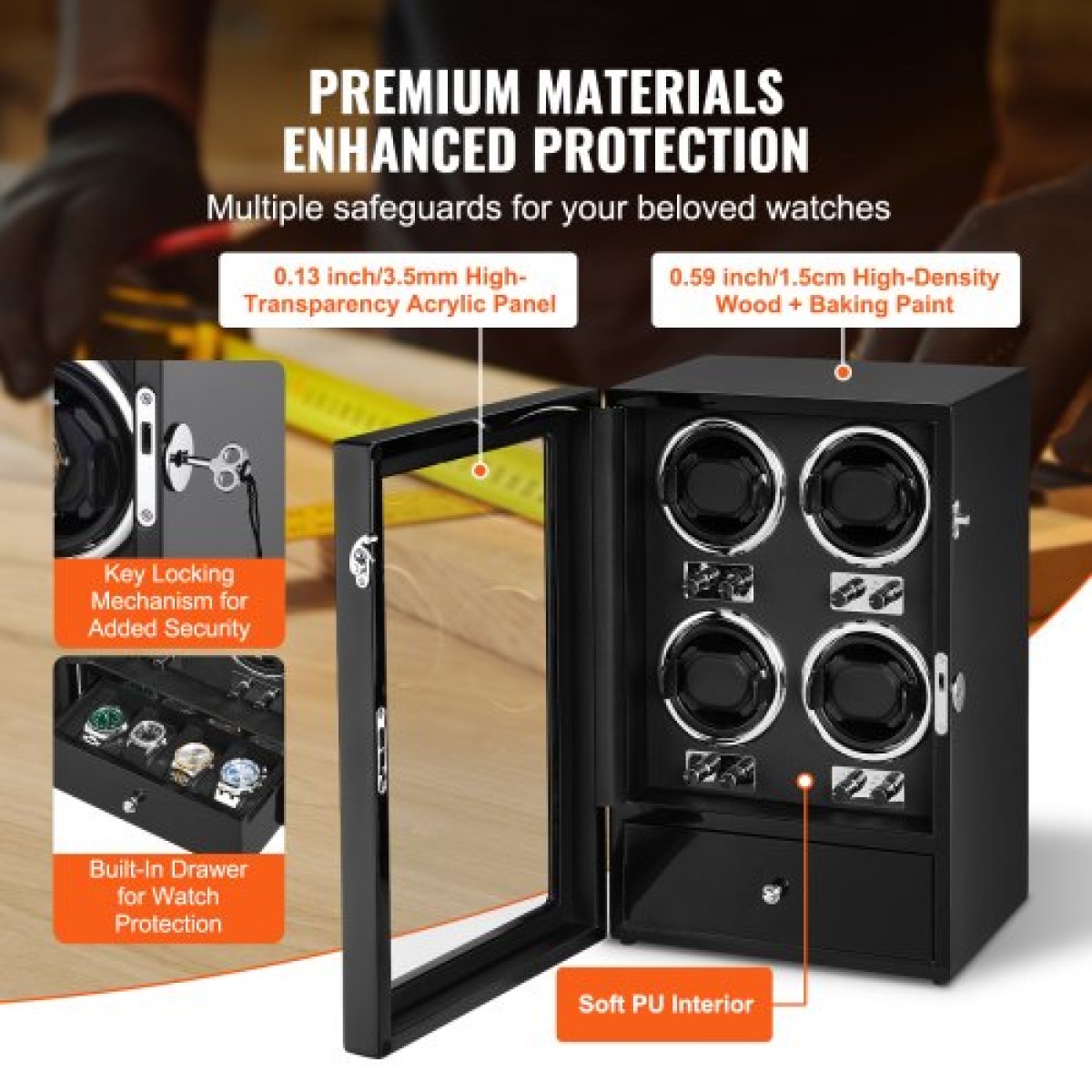VEVOR Watch Winder, Watch Winder για 4 ανδρικά και γυναικεία αυτόματα ρολόγια, με 4 εξαιρετικά αθόρυβα ιαπωνικά μοτέρ Mabuchi, μπλε φως LED και αντάπτορα, κέλυφος πλακέτας υψηλής πυκνότητας και μαύρο PU