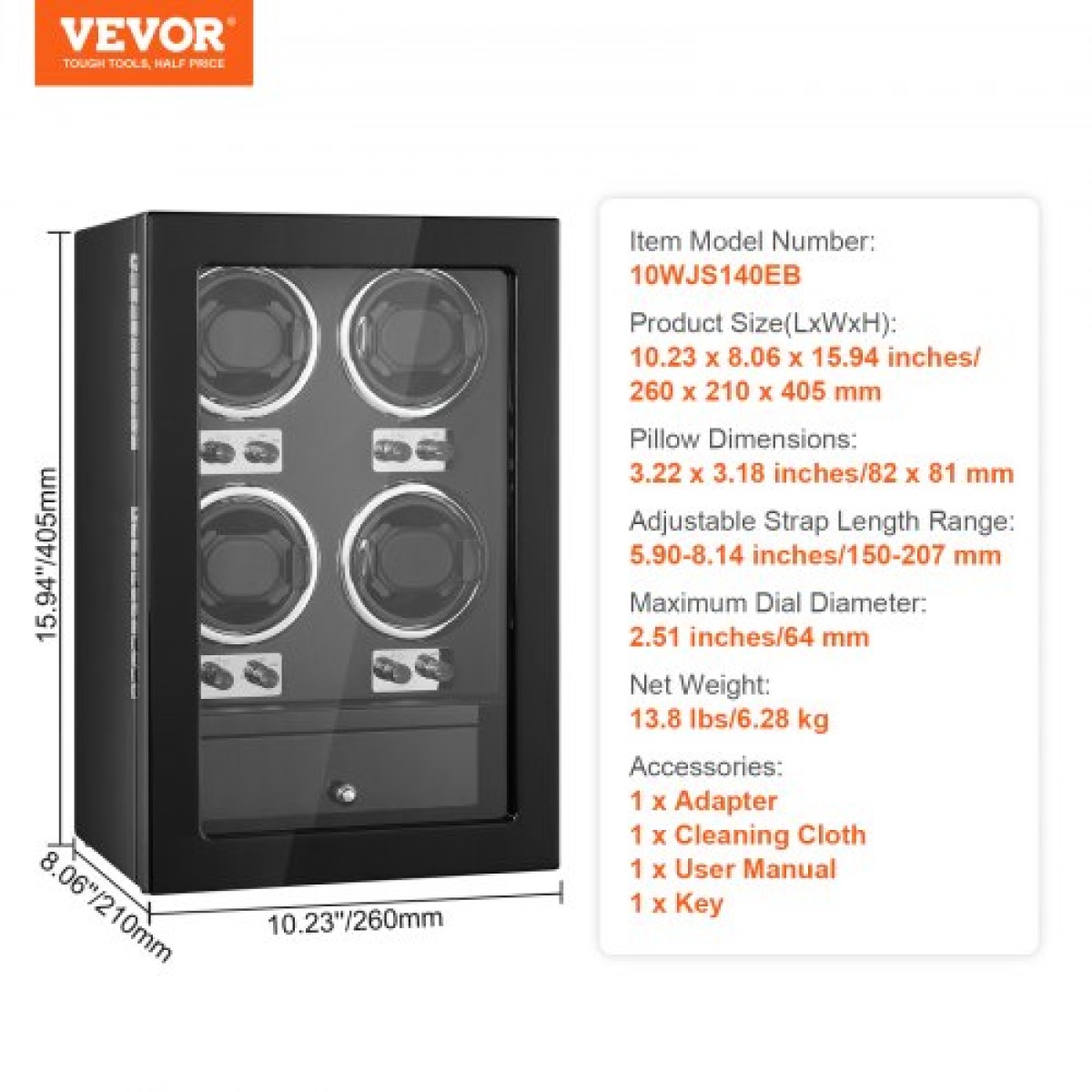 VEVOR Watch Winder, Watch Winder για 4 ανδρικά και γυναικεία αυτόματα ρολόγια, με 4 εξαιρετικά αθόρυβα ιαπωνικά μοτέρ Mabuchi, μπλε φως LED και αντάπτορα, κέλυφος πλακέτας υψηλής πυκνότητας και μαύρο PU