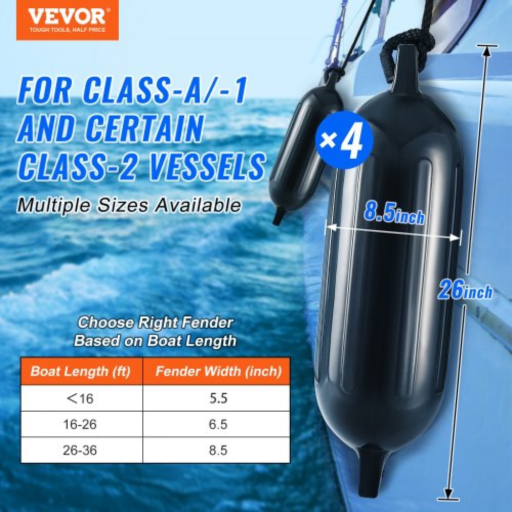 VEVOR Boat Fenders, 8,5" x 26" Boat Prampers for Docking, Φουσκωτό ραβδωτό φτερό με κεντρικές τρύπες, Marine Boat Dock Fender Fender με αντλία αέρα, 4 βελόνες και 4 σχοινιά και τσάντα αποθήκευσης, μαύρο